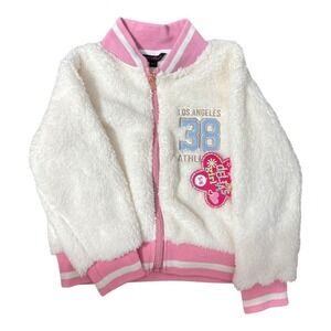 Delia's Girl Fuzzy Los Angeles Athletic Bomber Jacket Pink/Cream Girls Size 5/6